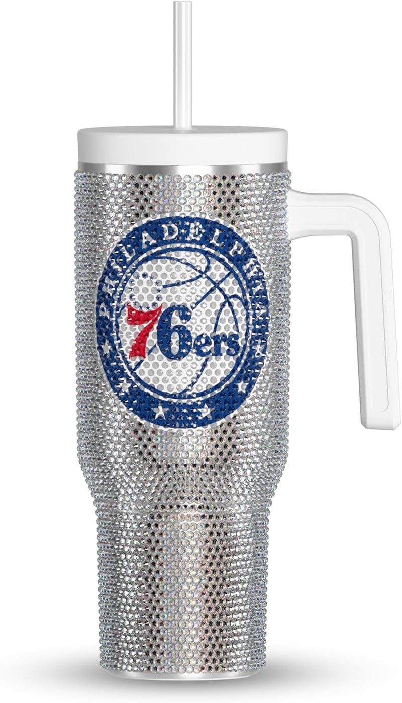 Hydrapeak x NBA Officially Licensed Philadelphia 76ers Voyager 40 oz Stainless Steel Bling Tumbler with Handle, Insulated Rhinestone Water Bottle With Straw & Lid, Includes Gift Box - Image 1